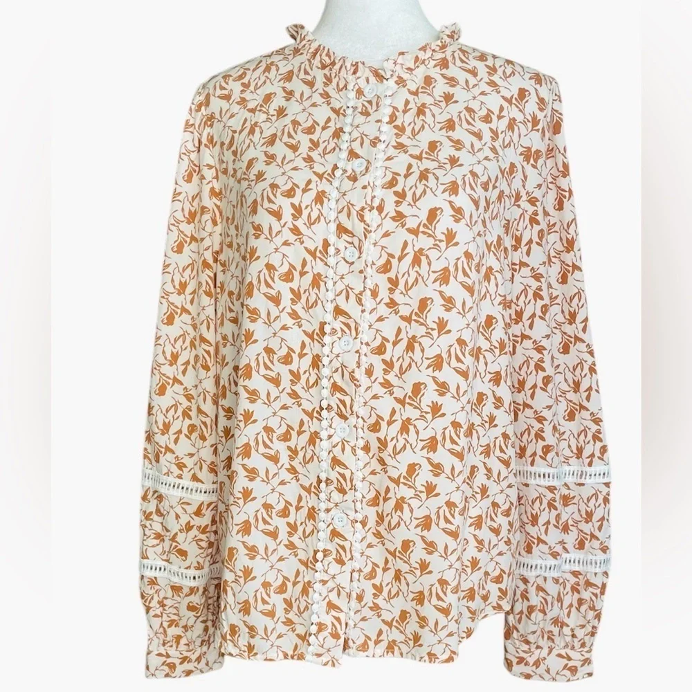 Womens Floral brown Boho Fall Long sleeve Too Blouse M - Picture 3 of 7